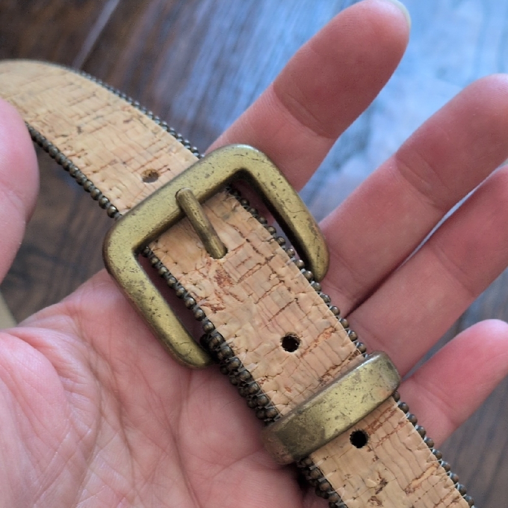 ELITE LEATHER ACCESSORIES I Vintage Tan Cork Belt with Brass Buckle, 1X